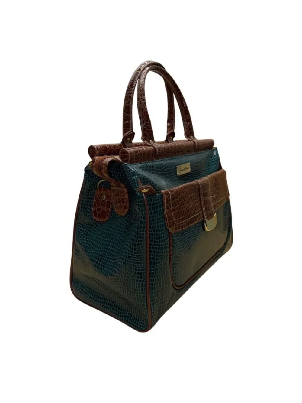 Samantha Brown Women’s Teal & Brown Croc Embossed Lining Dual Handles Travel Bag